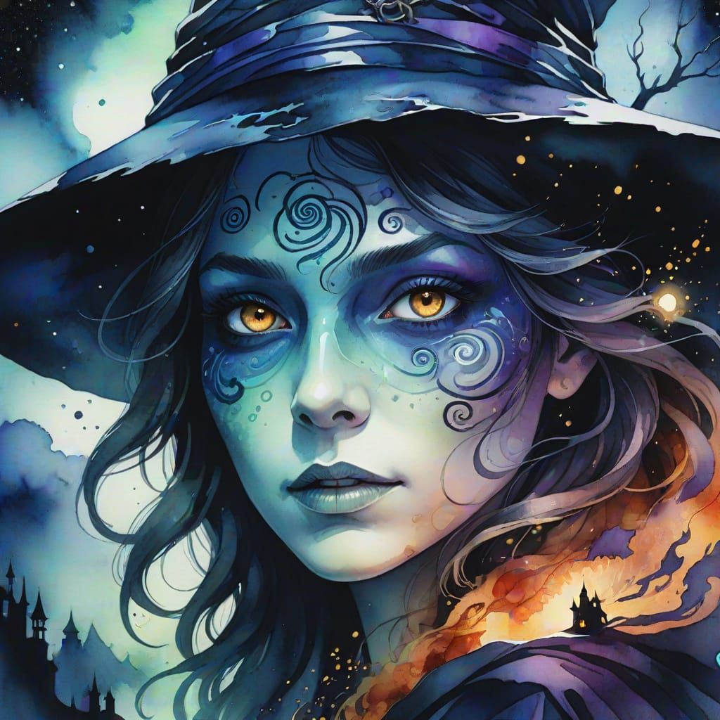 Witch's Face Double Exposure in Midnight Landscape