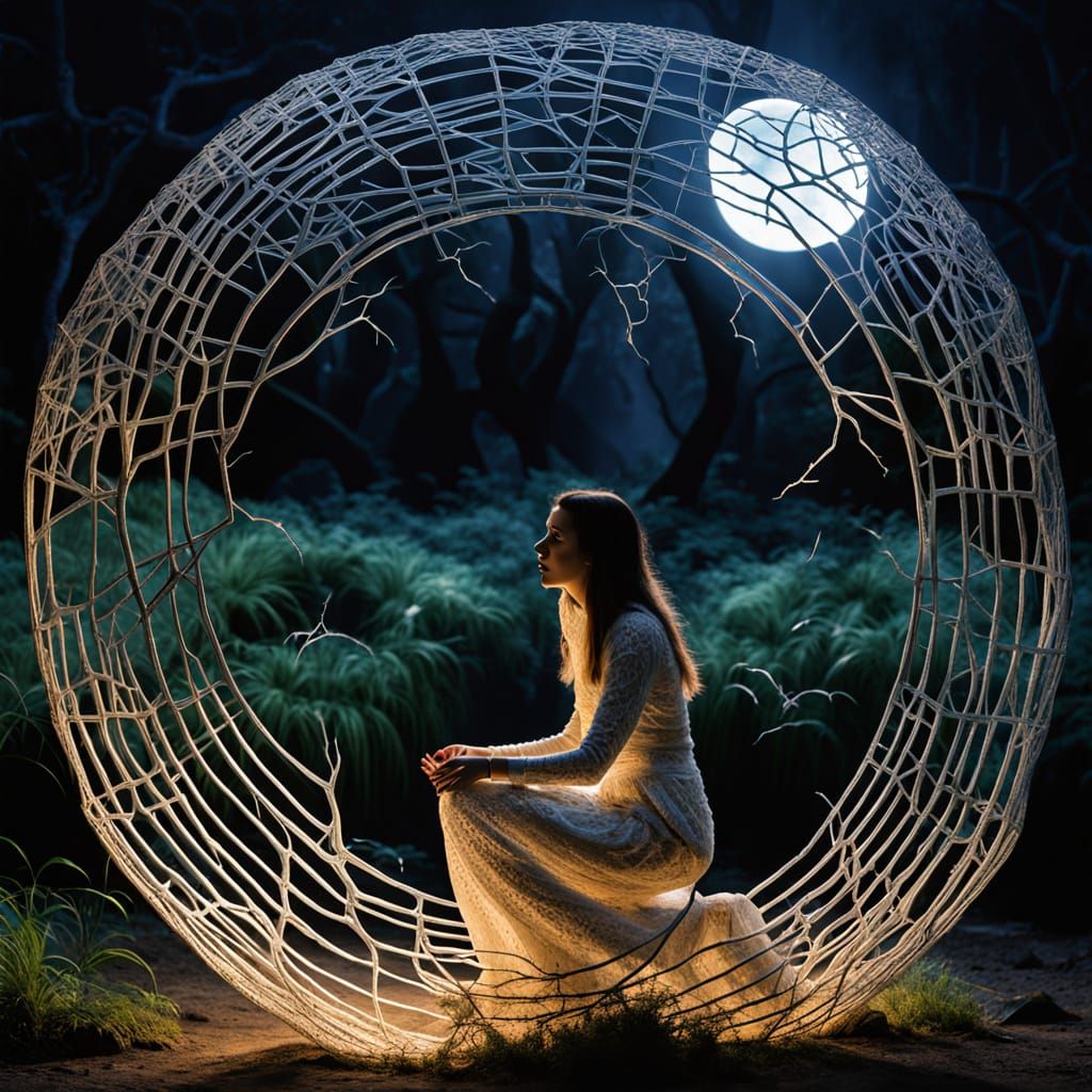 Surreal Eco-Art Sculpture with Moonlight and Mirrors