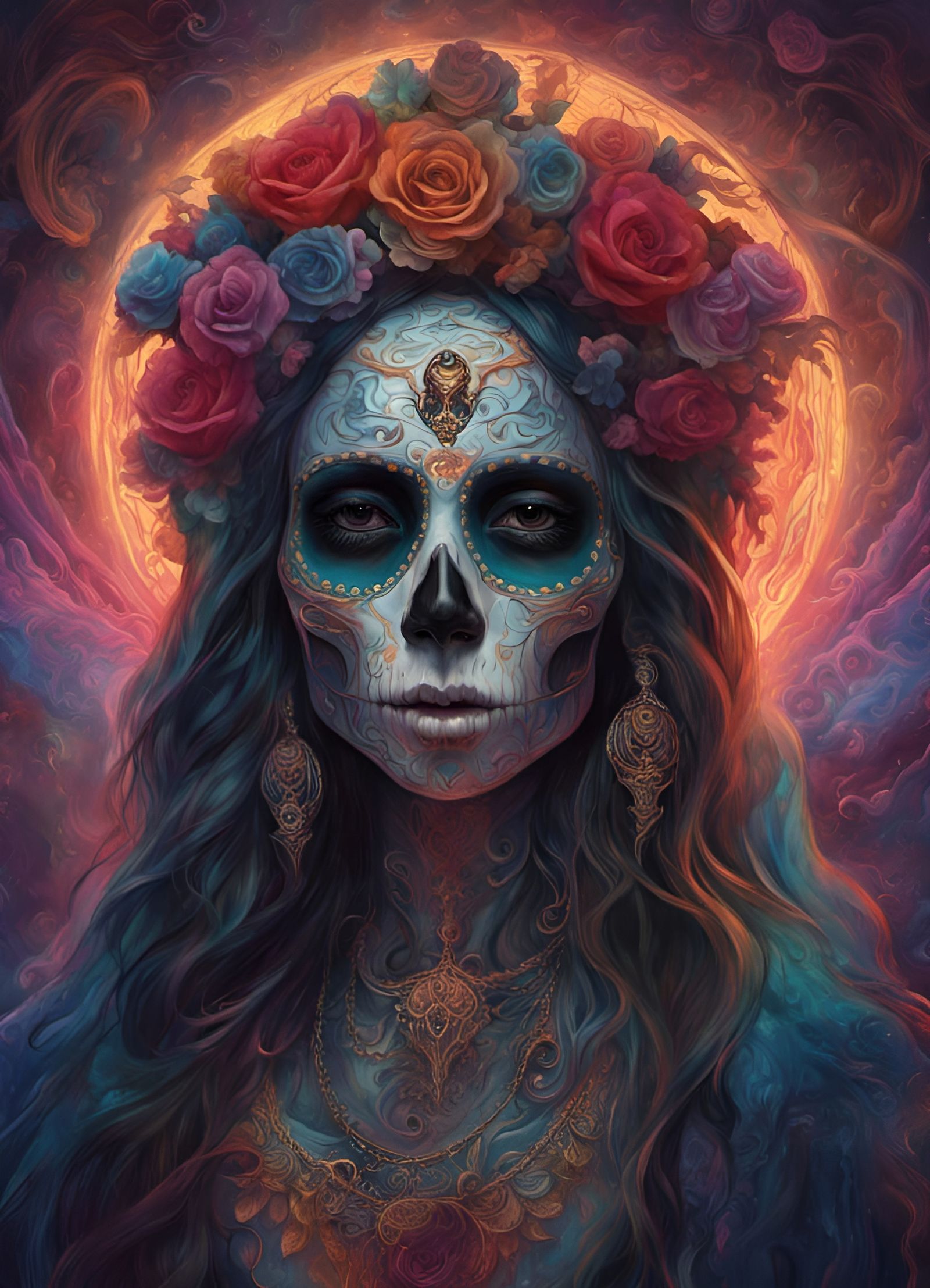 Elegant Santa Muerte Art in Psychedelic Colors