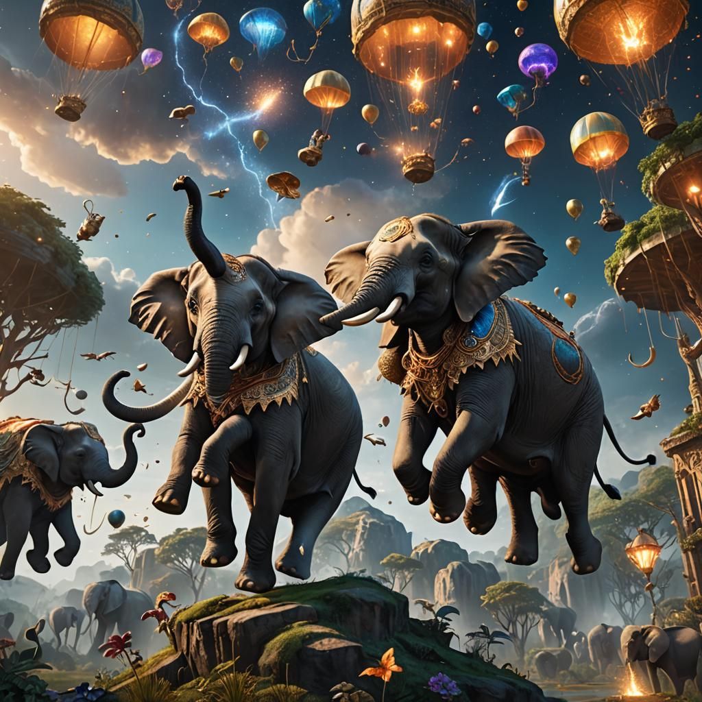 Elephants Flying in a Magical World