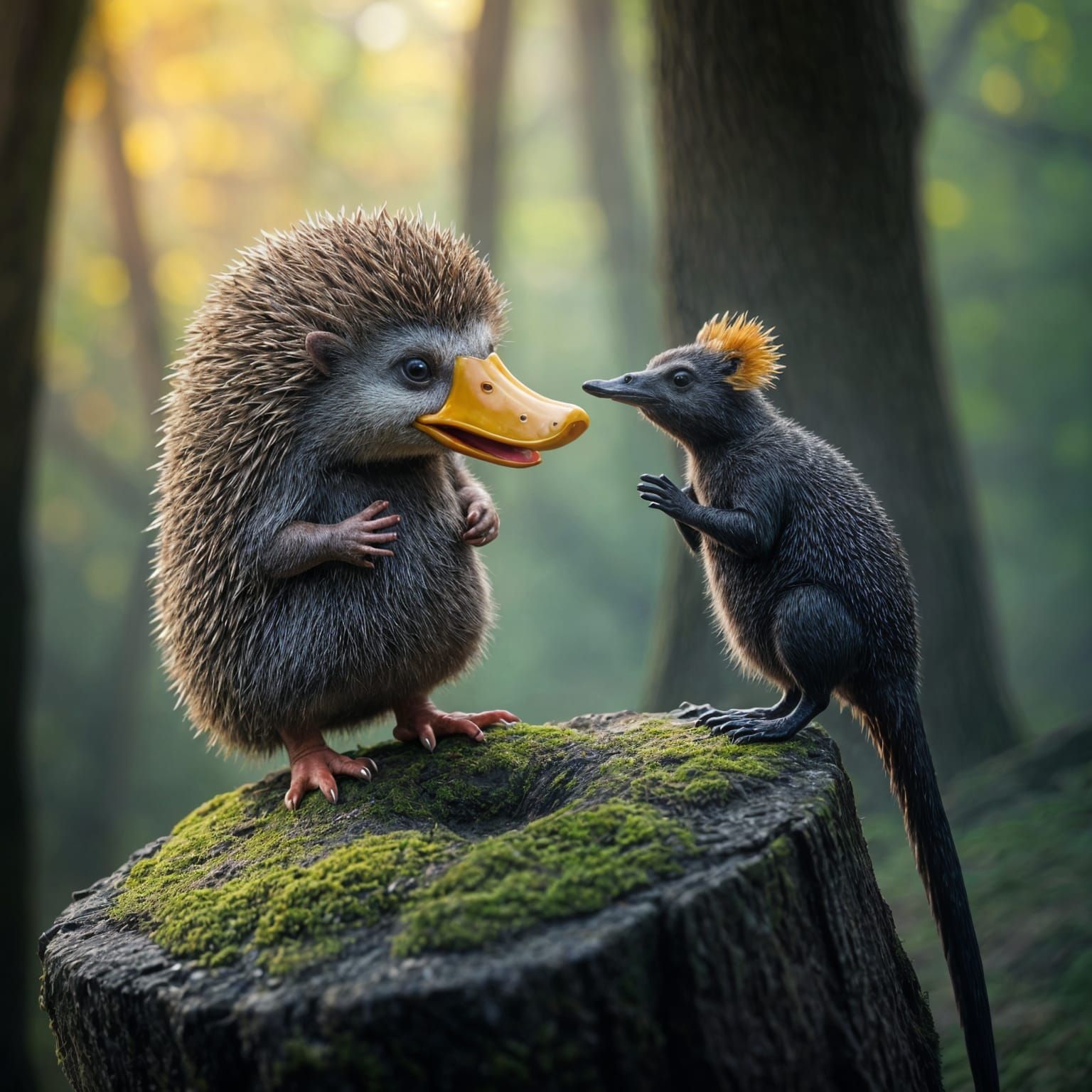 Hyperrealistic Platypus and Hedgehog in Whimsical Conversati...