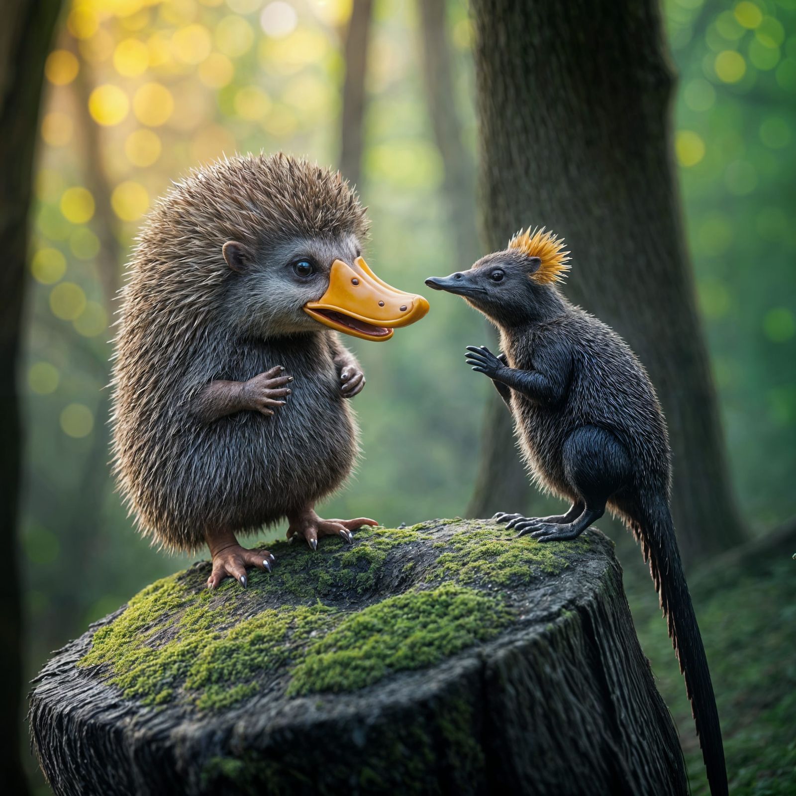 Hyperrealistic Hedgehog with Duck Bill Talking to Platypus