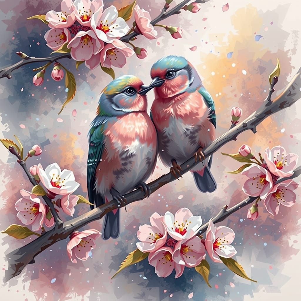 Pastel Love Birds Form Heart Shape on Cherry Blossom Branch