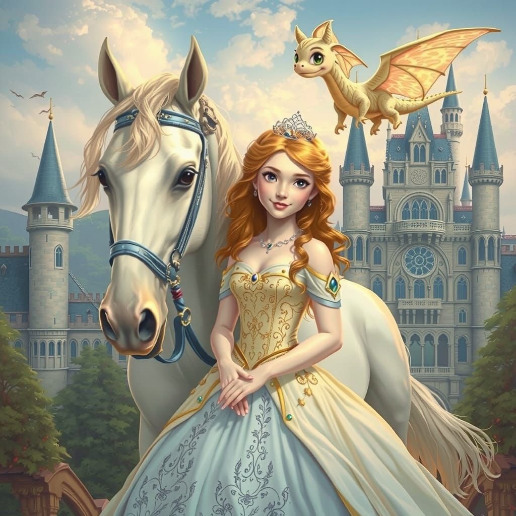 Regal Princess with Majestic White Horse and Baby Dragon