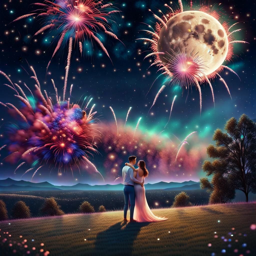 Romantic Couple Under Fireworks and Starry Sky