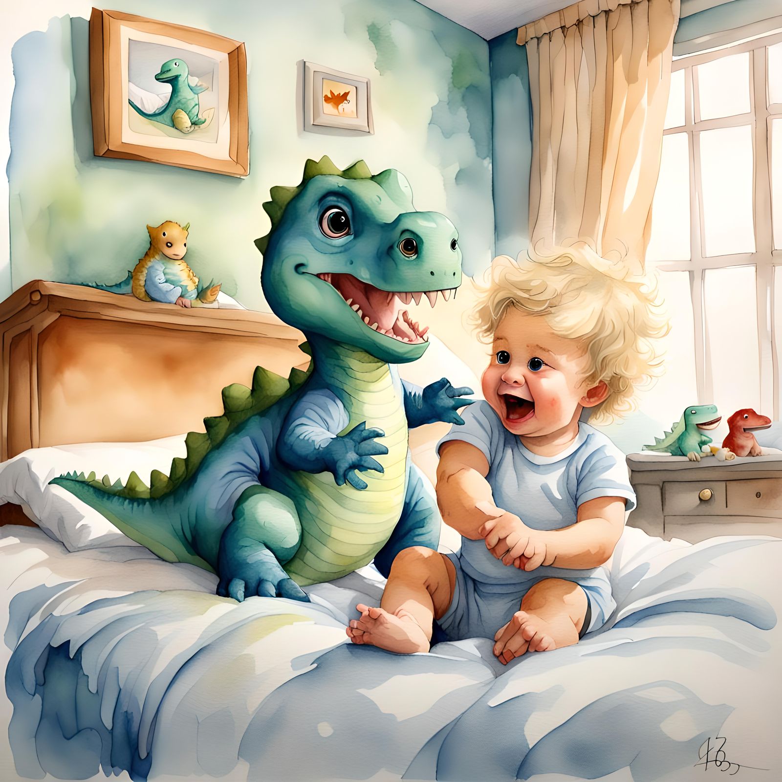 Baby Dinosaur and Boy in Watercolor Style