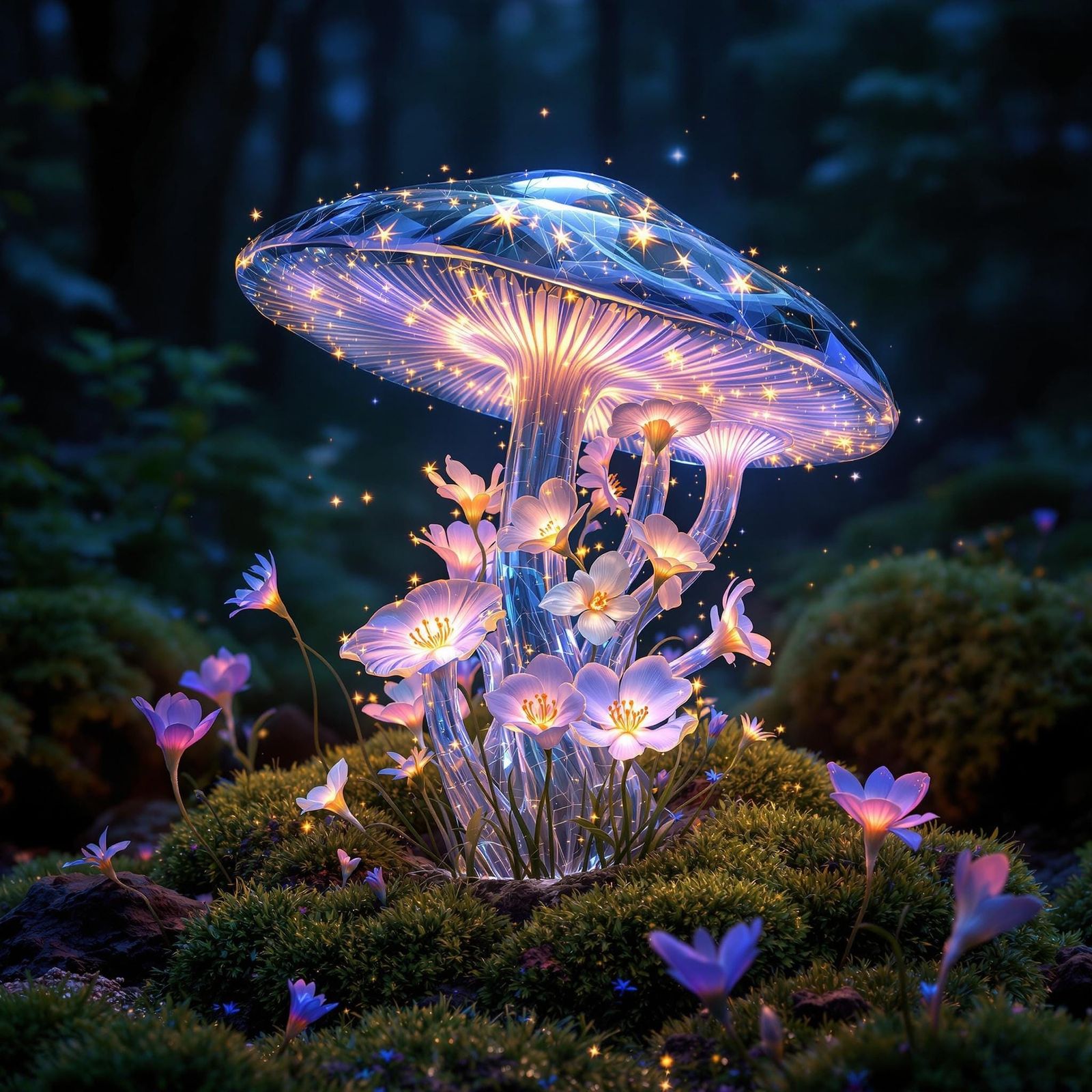 Bioluminescent Flowers in Crystal Mushroom Sculpture