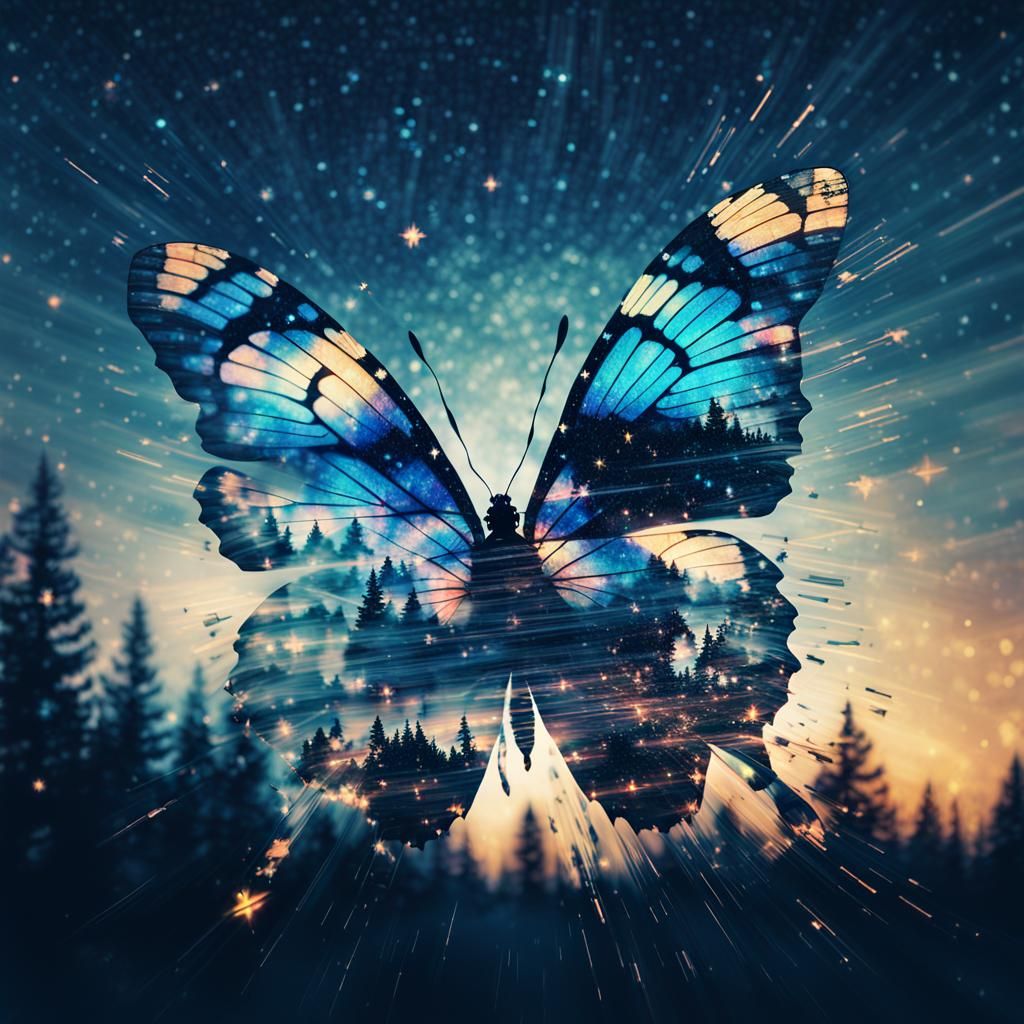 Starry Night Butterfly Silhouette with Glitch Effect