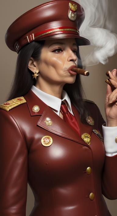 Hispanic Military Dictator in Red Leather Smoking Cigar