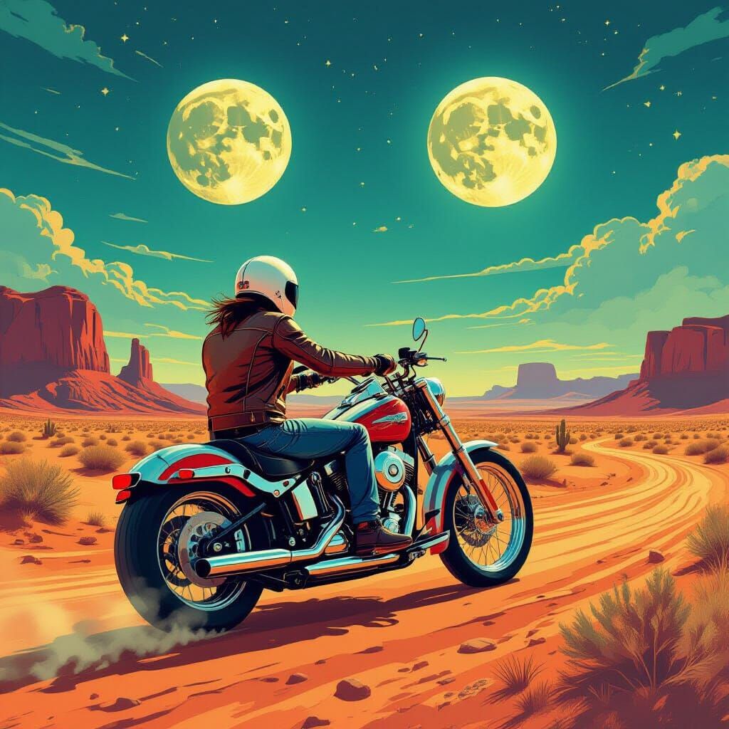 Psychedelic Desert Biker Under Twin Moons