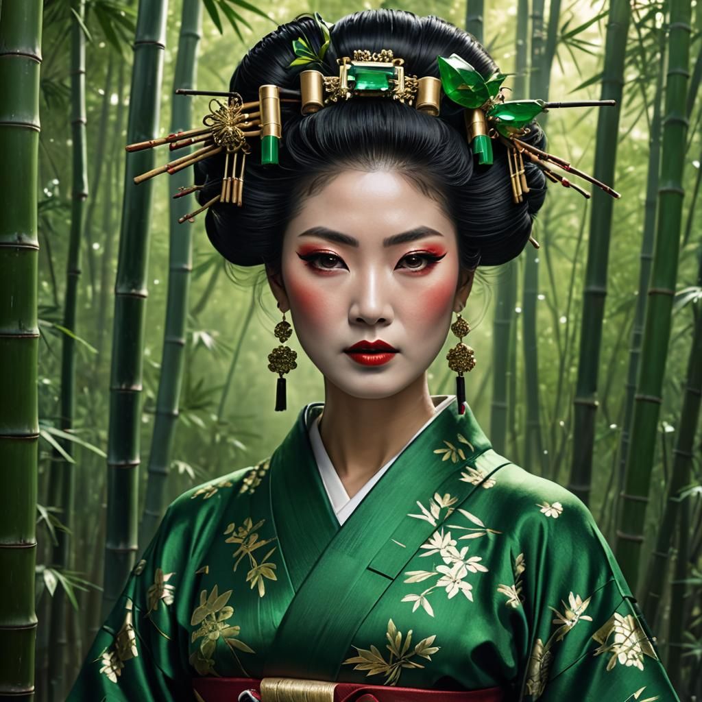 Geisha in Green Kimono with Emeralds