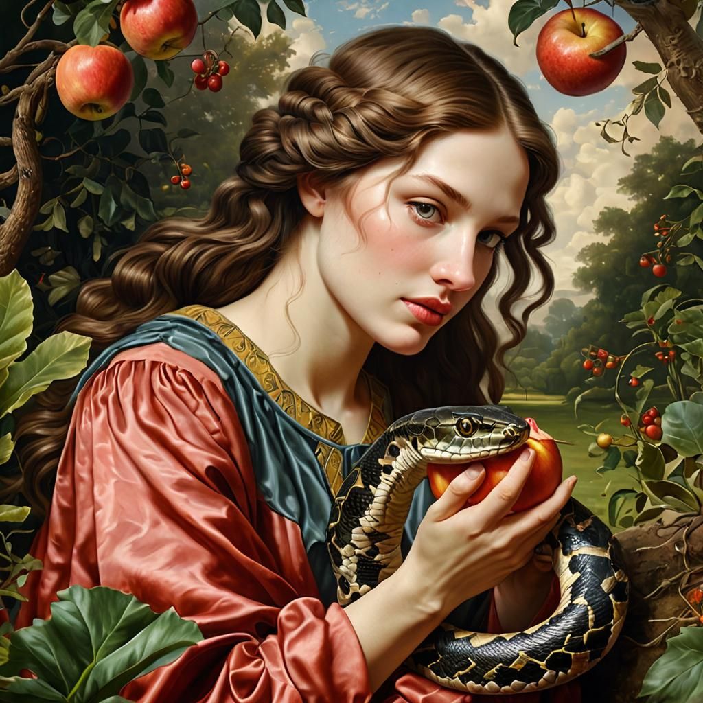 Hyperrealistic Woman and Snake in Celestial Garden