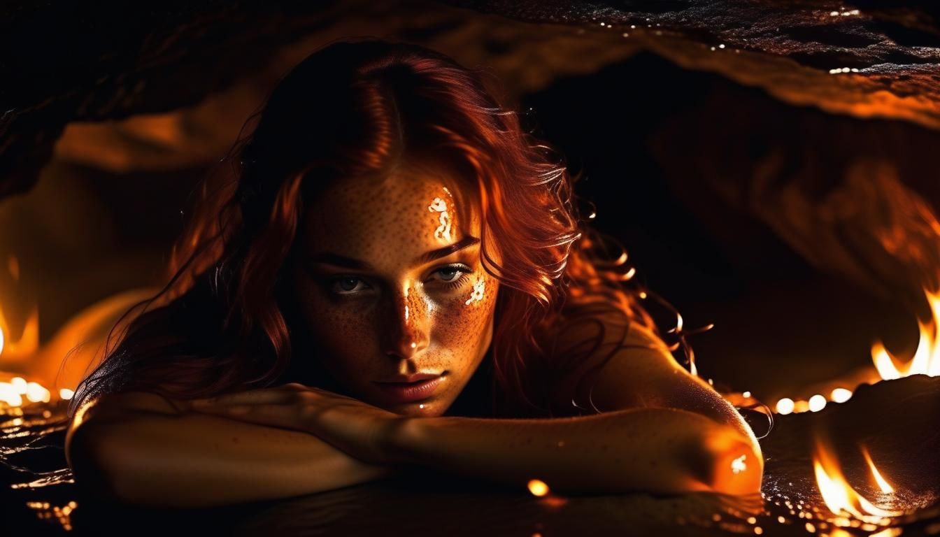 Cave Portrait with Copper Hair and Firelight