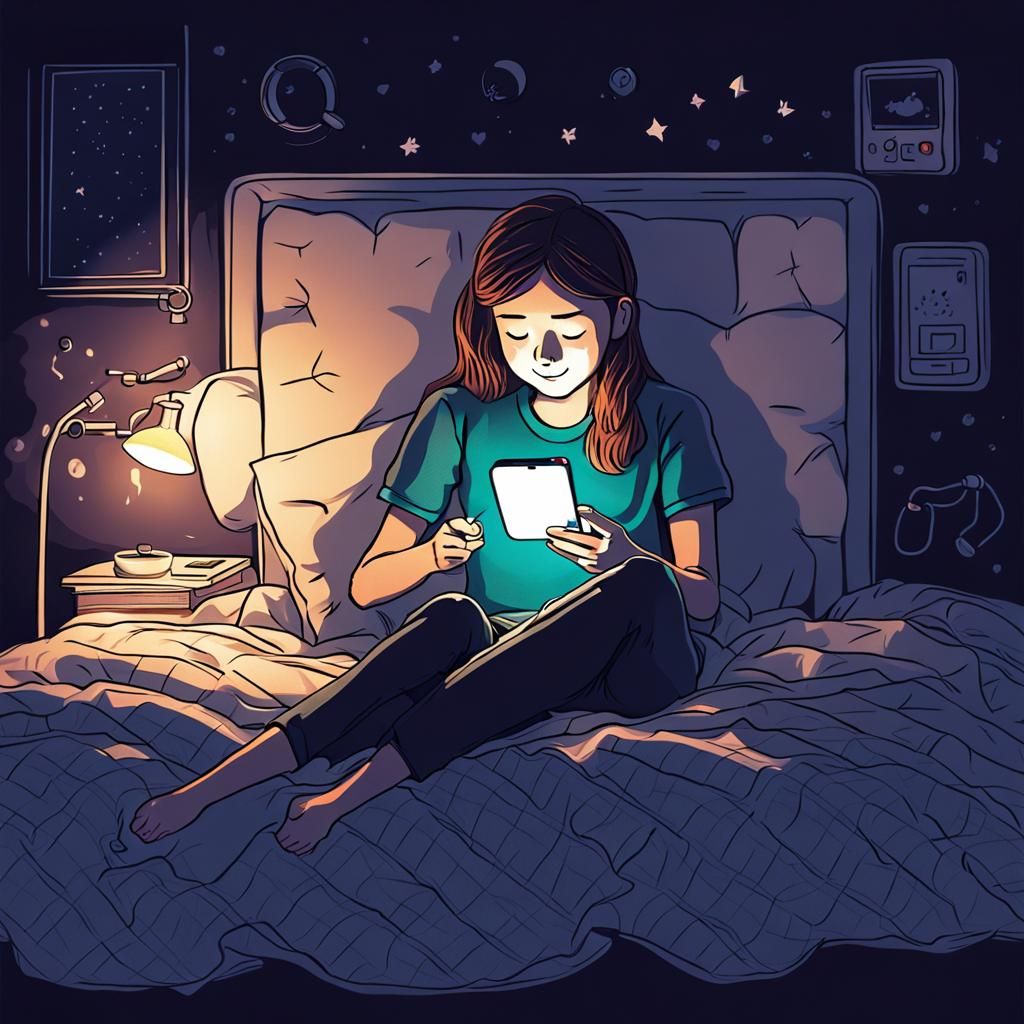 Girl on Bed Lit by Phone in the Dark