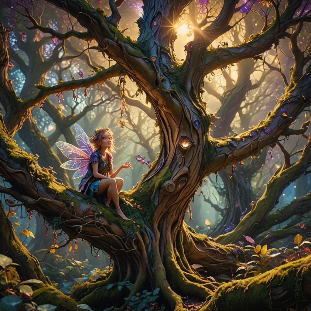 Fairy Watching Traveler in Enchanted Forest, Digital Art