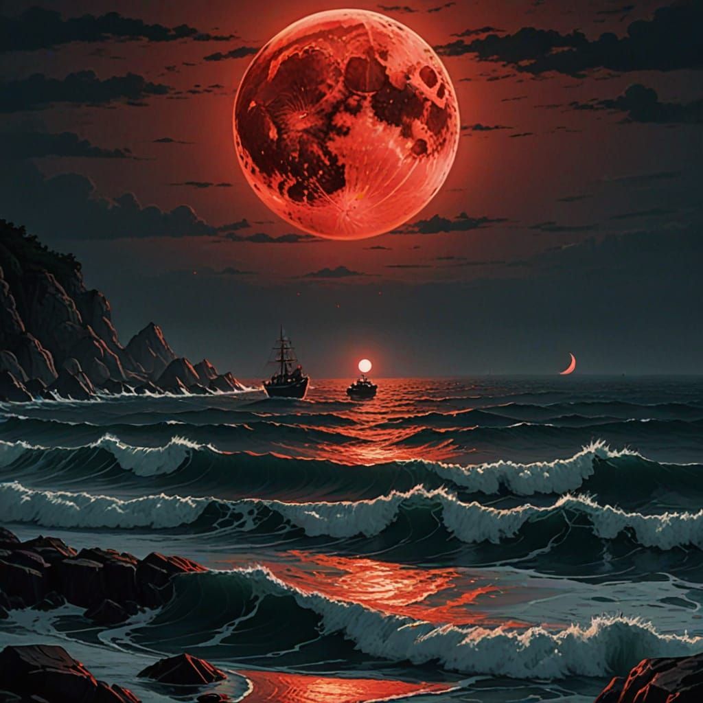 Menacing Presence in Devil's Sea Under Blood Moon
