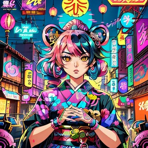 Tiger Geisha Chibi Poster Art in Vaporwave Style