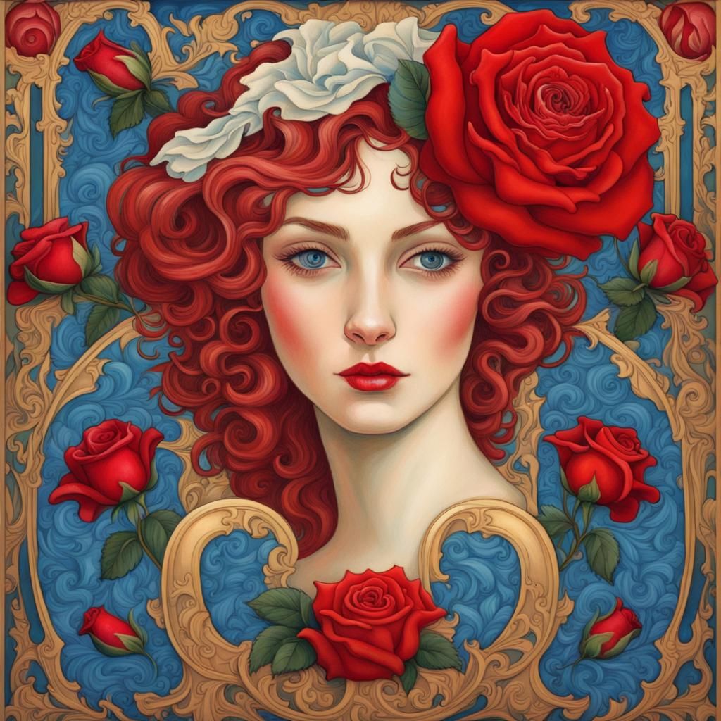 Red Rose and Blue-Eyed Woman in Art Nouveau Style