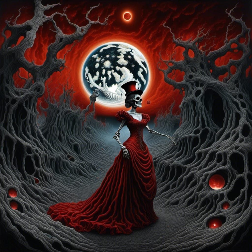 Dancing Skeletons Under Blood Moon in Gothic Art