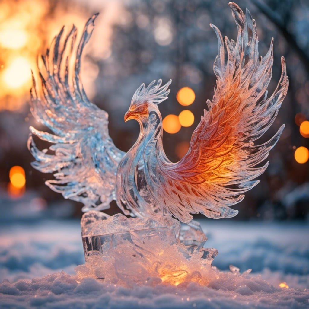 Fiery Ice Phoenix Sculpture, Professional Photography