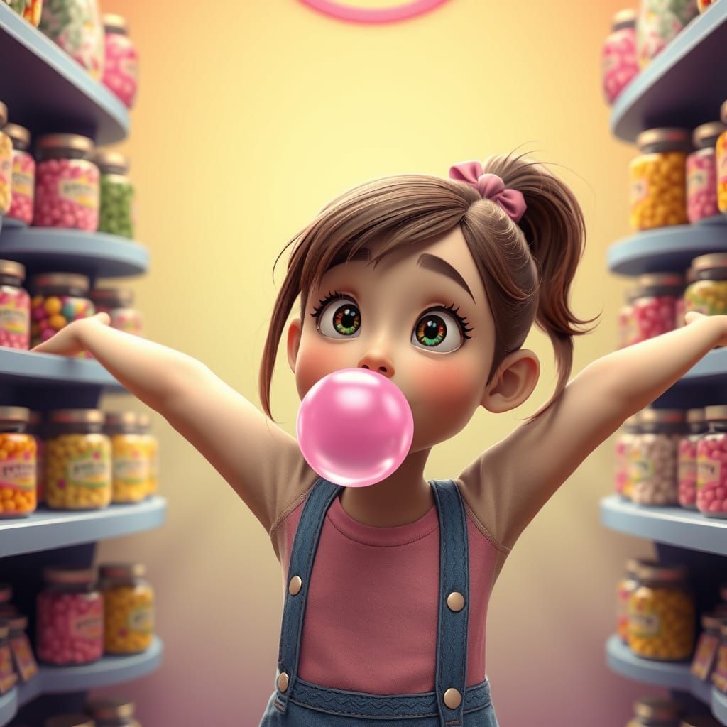 A Young Girl Blows a Giant Pink Bubble in a Vibrant Candy St...