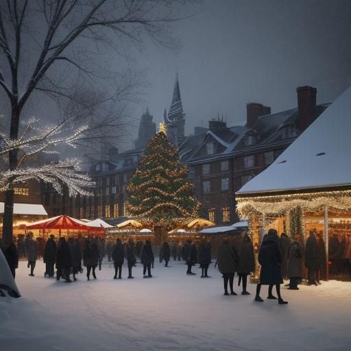 Festive Christmas Town Square in Oil Painting Style