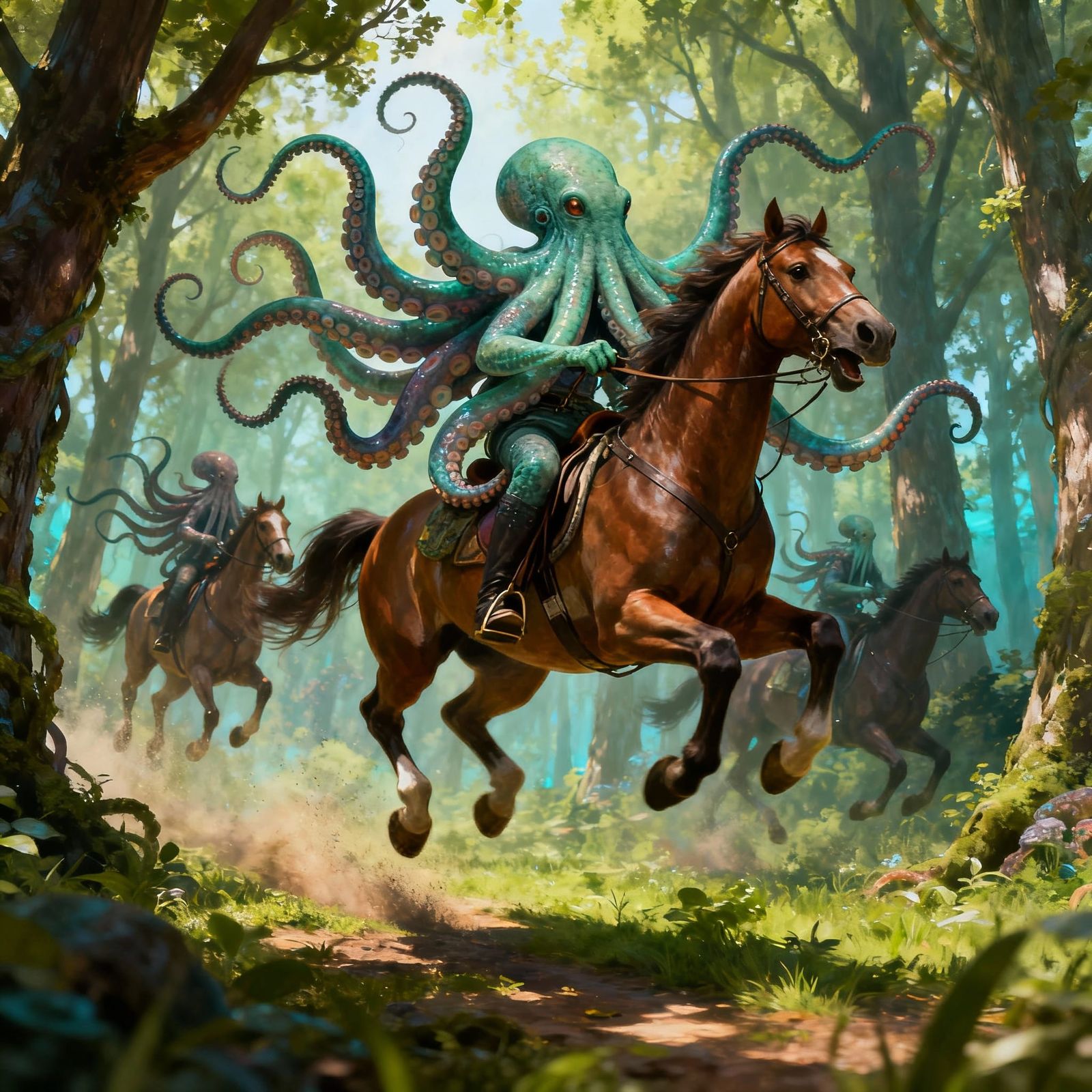 Octopuses on Horses Jump Through Trees in Whimsical Art