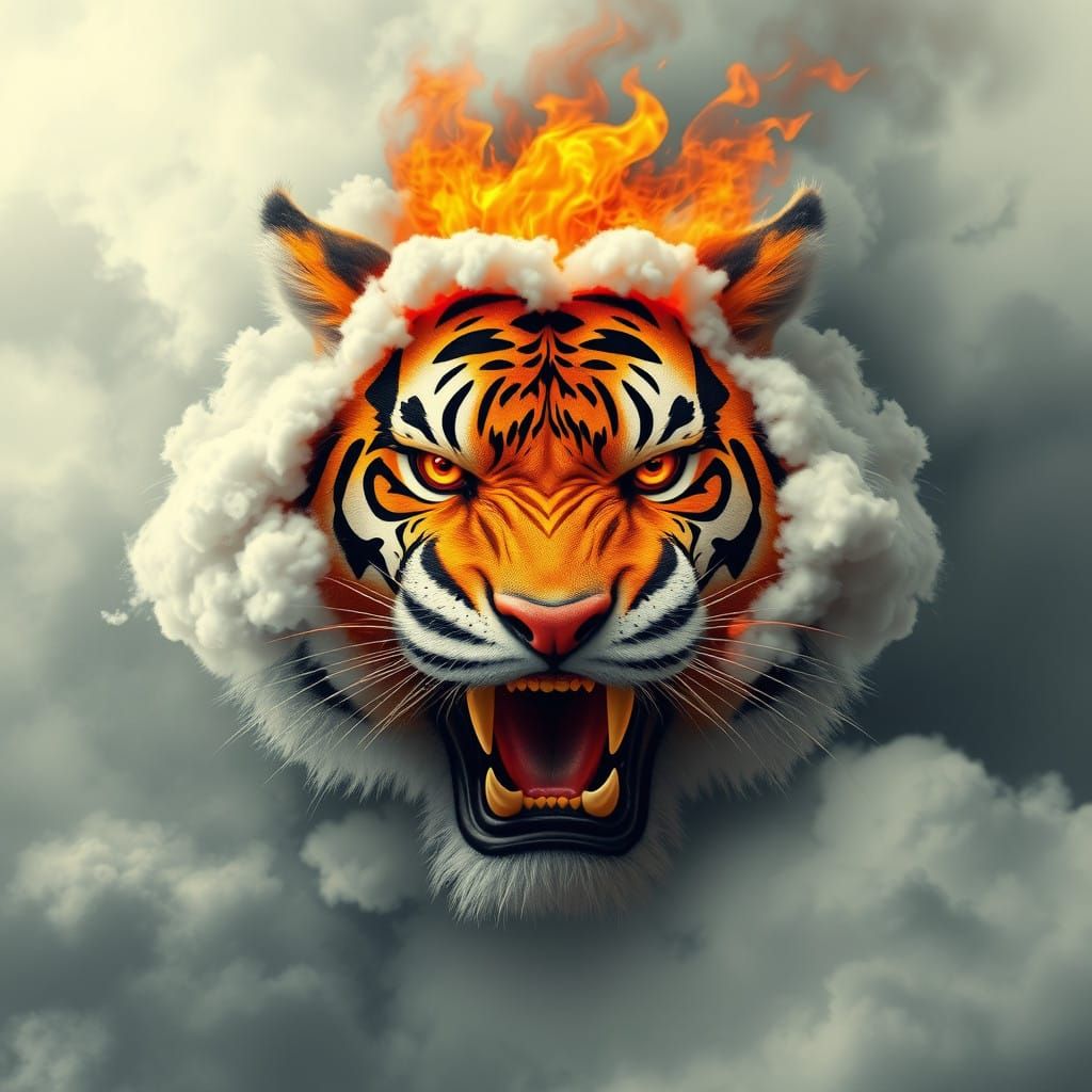 Fierce Tiger Emerges from Fiery Cloudscape