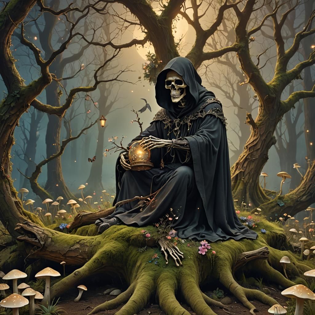 Grim Reaper in Twilight Forest: Surreal Digital Art