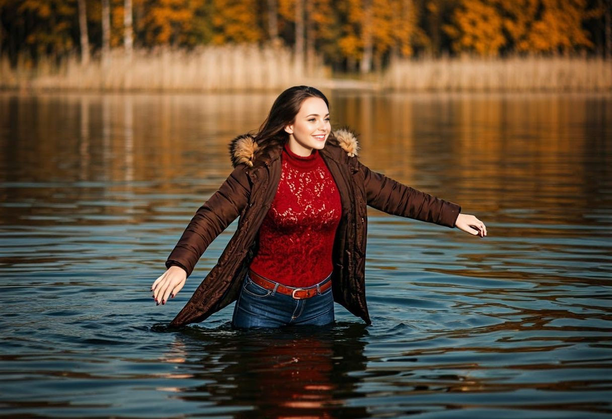 Joyful Brunette Swims in Crystal Clear Lake Water