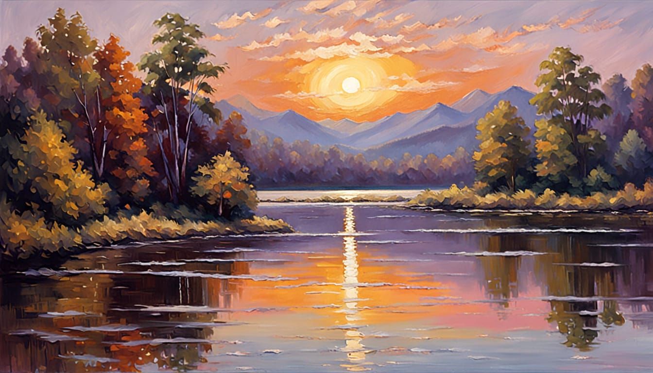 Twilight Lake Reflections in Impressionist Style