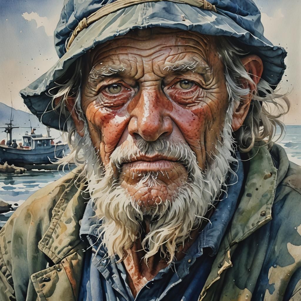 Detailed Watercolor Portrait of Old Fisherman