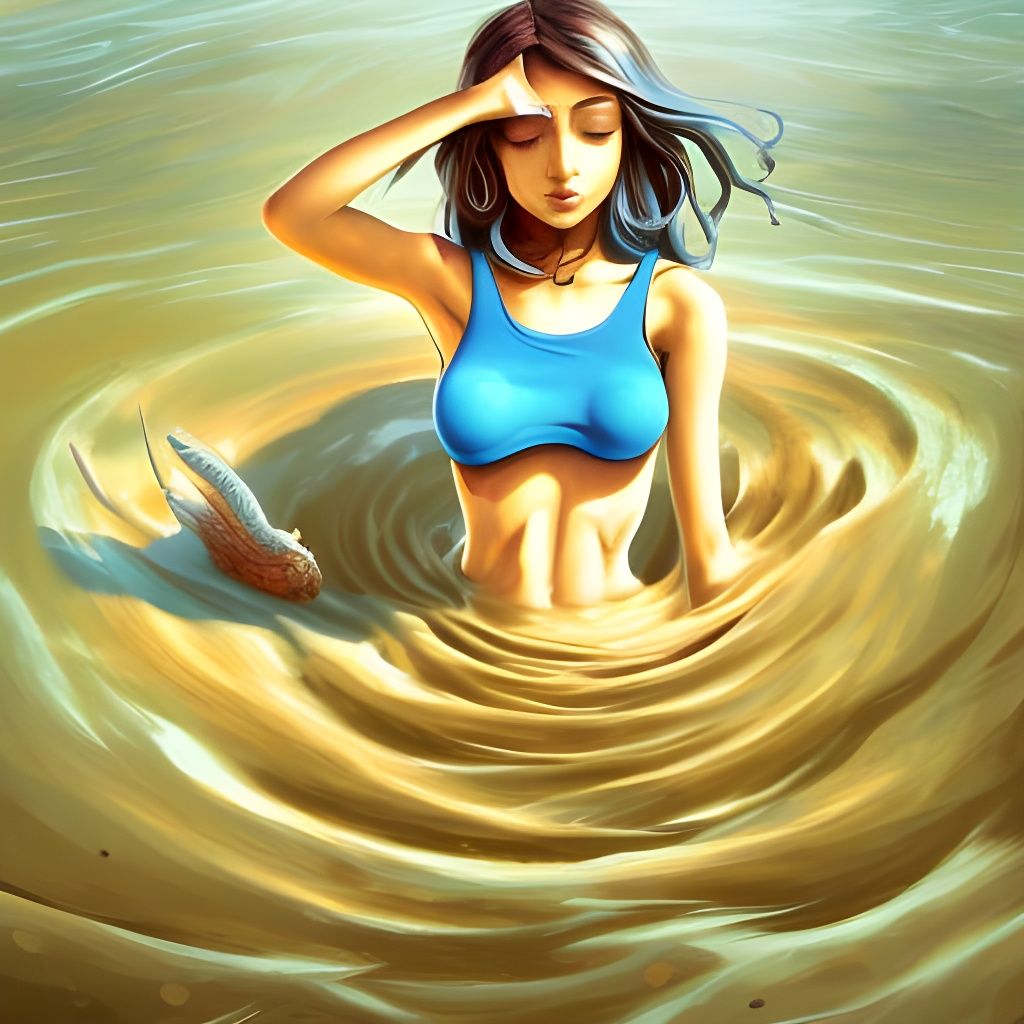 Beautiful woman sinks waist deep in quicksand.