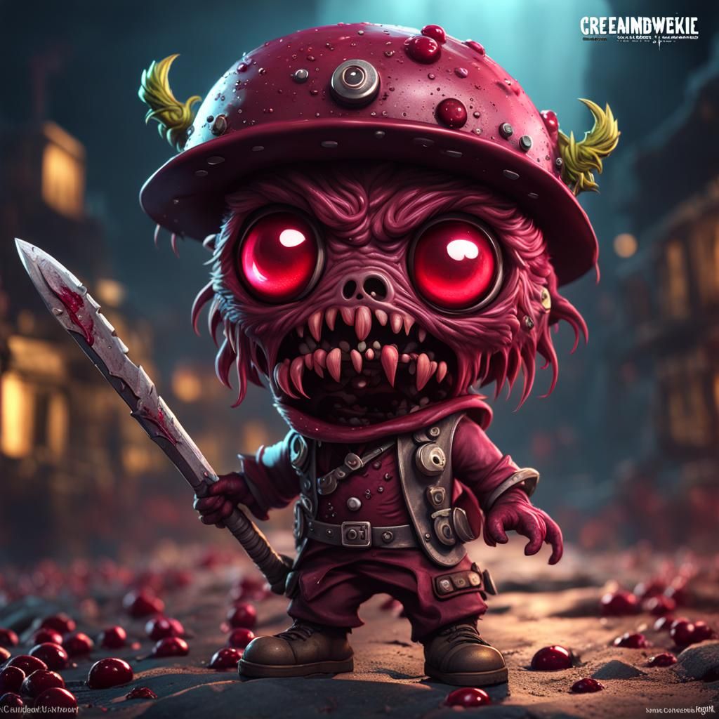 Scary Cute Chibi Cranberry Zombie in Apocalyptic City