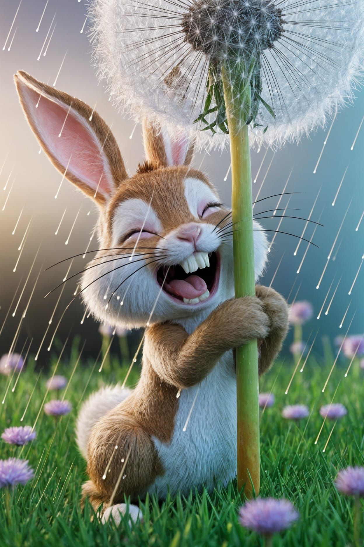 Laughing Bunny Hiding Under Dandelion: 3D Render