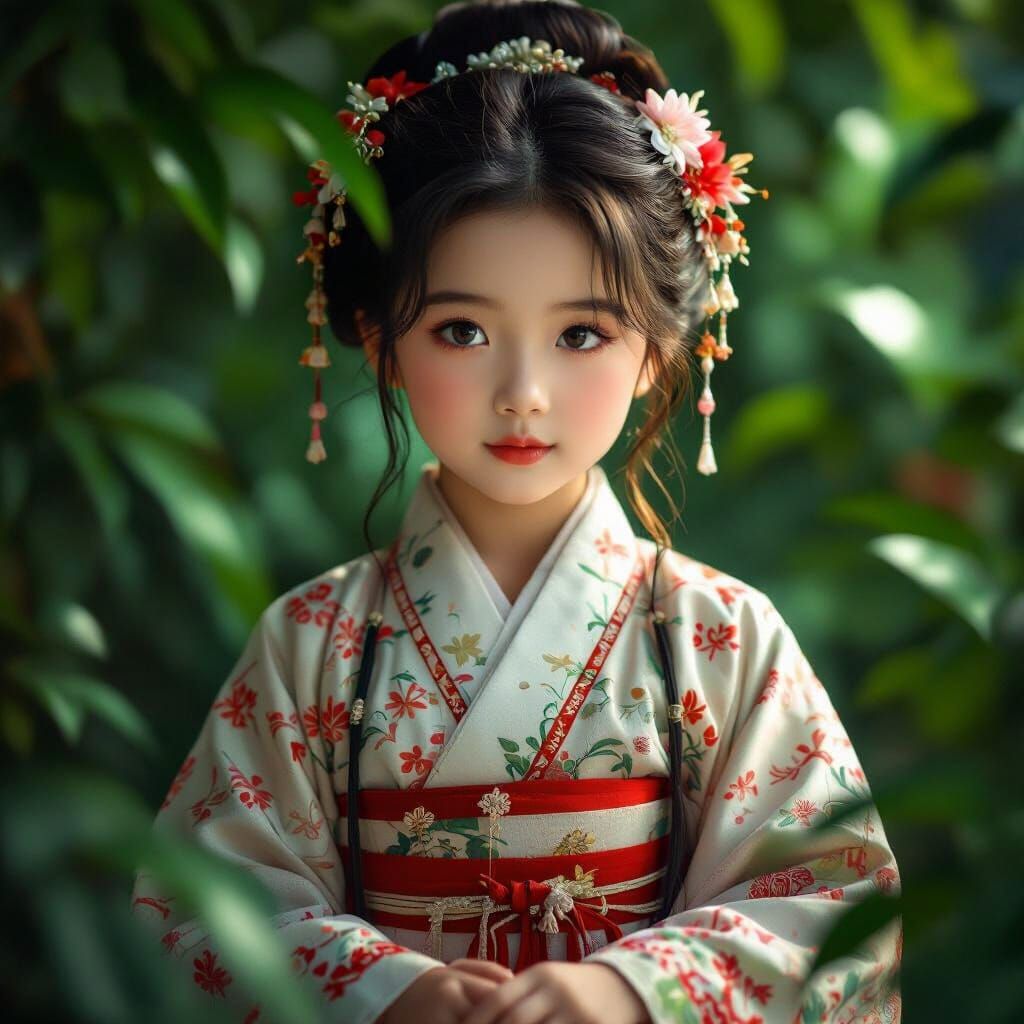 Elegant China Girl Portrait in Lush Greenery