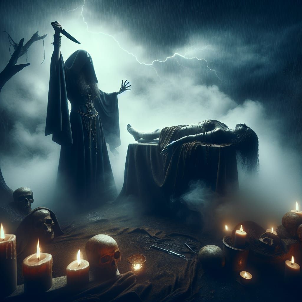 Eerie Ritual Scene with Priestess and Altar