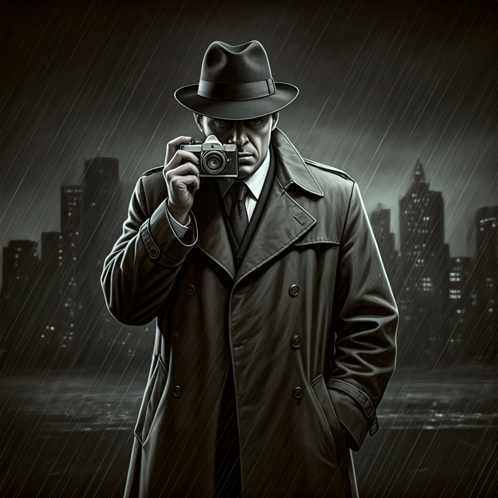 Noir Detective in Rainy Cityscape as Charcoal Drawing