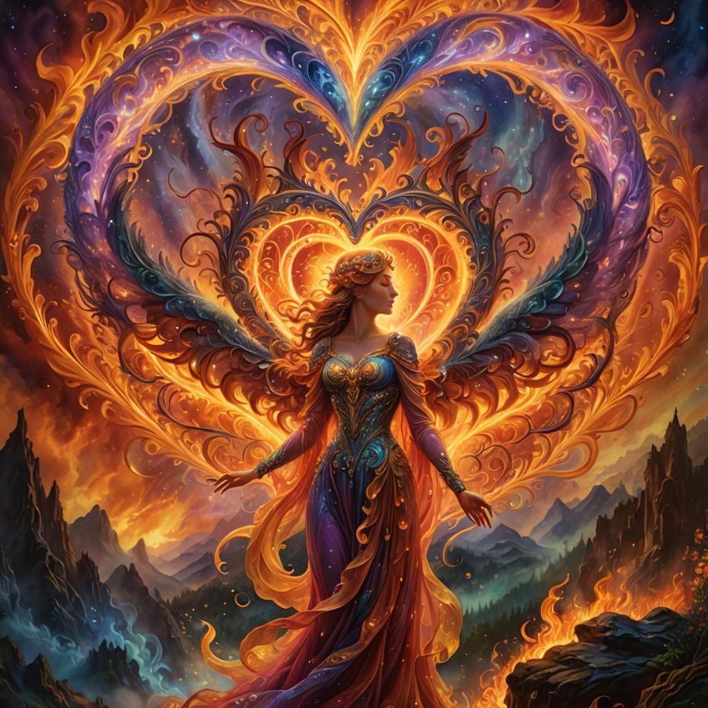 Flaming Heart Fantasy Art in Wall and Sage Style
