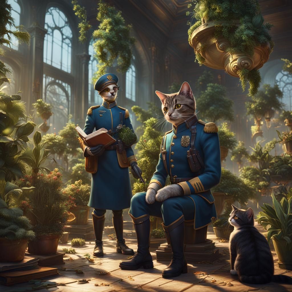 Cats as Soldier and Librarian in Detailed Painting