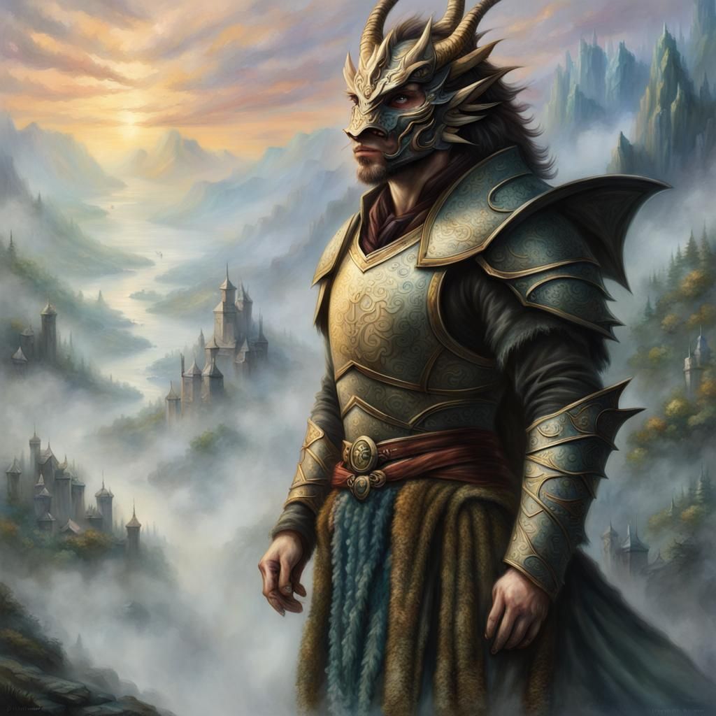 Dragonborn in Ethereal, Hyperdetailed Fantasy Landscape