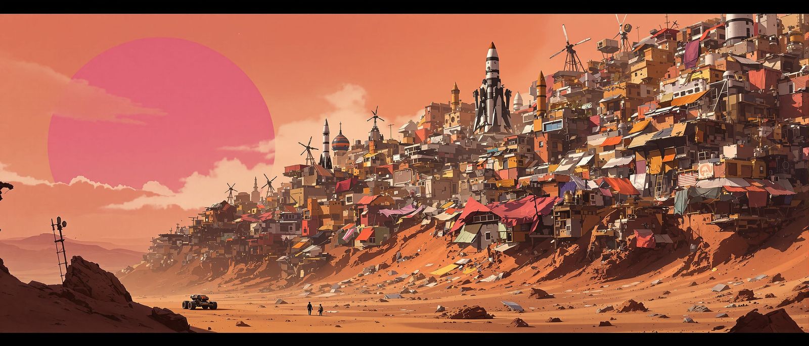 Martian Favela Under Pink Sky in Concept Art Style