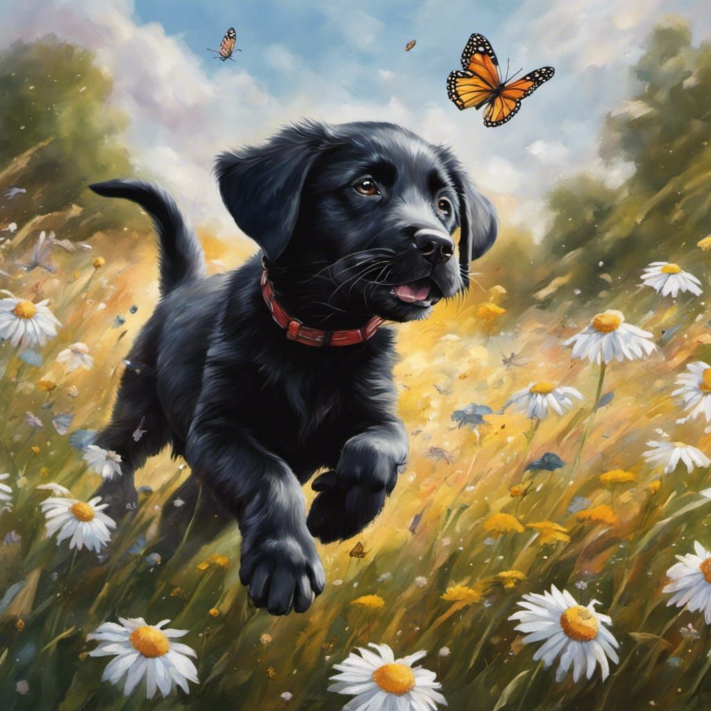Black Lab Puppy Chasing Butterfly: Hyperrealistic Splash Art