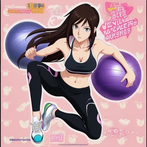Anime woman using exercise balls.