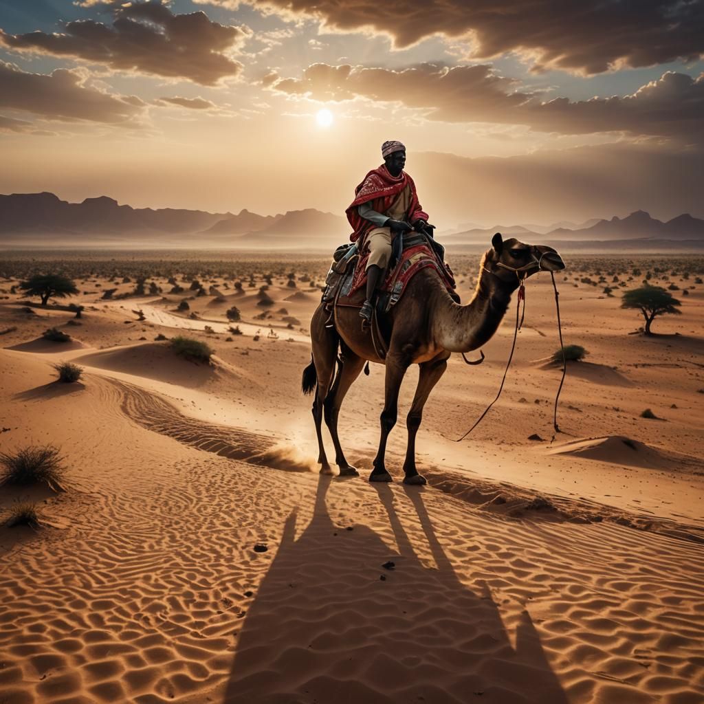 Ugandan Man Rides Camel at Sahara Sunrise