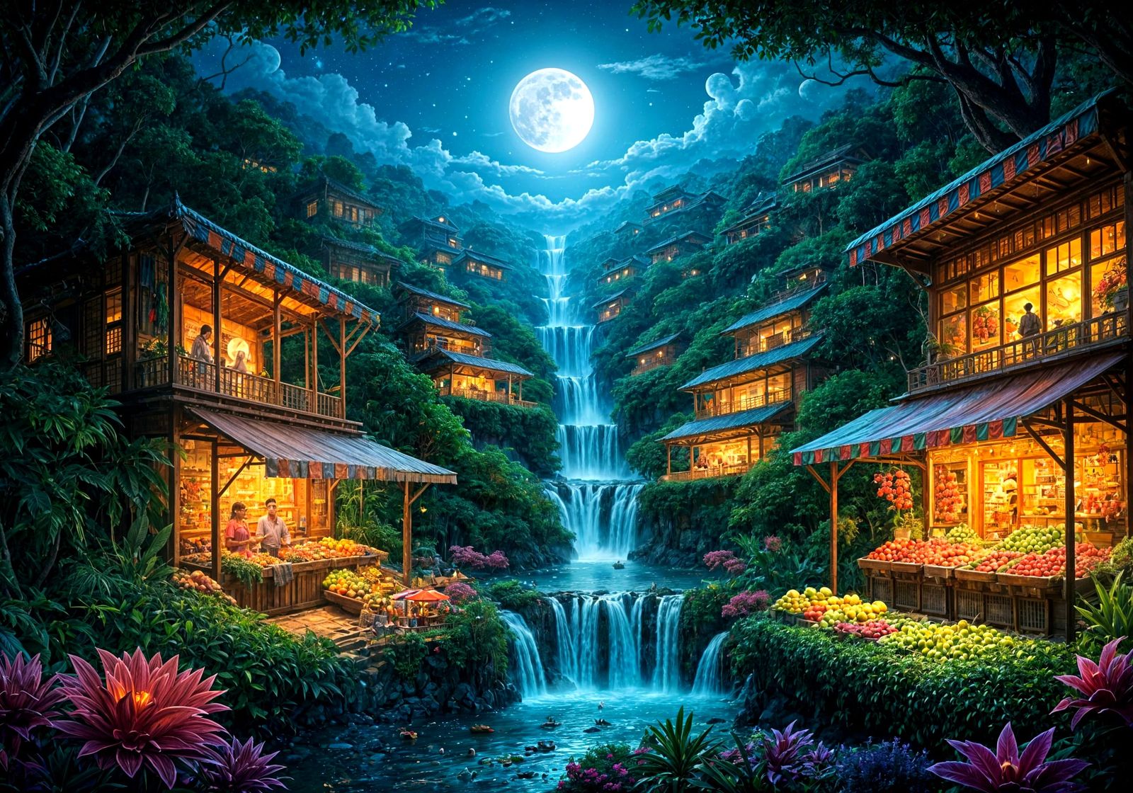 Moonlit Night Fruit Market Amidst Vibrant Hillside