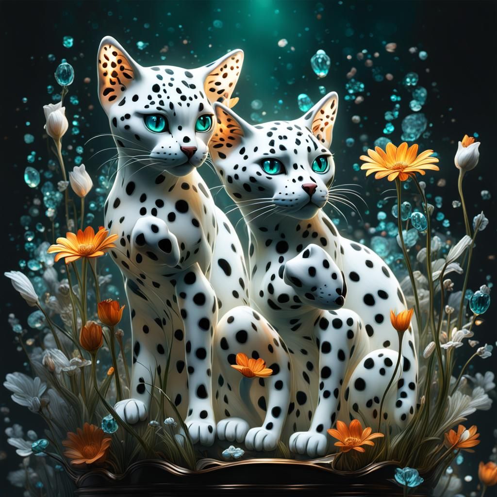 Dalmatian Cats in Glass Cradle with Bioluminescent Flowers