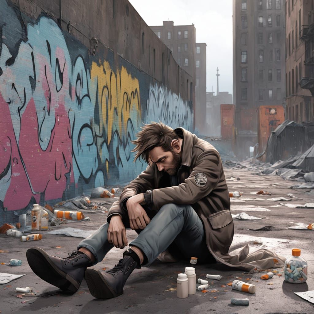 Gritty Dystopian Figure Surrounded by Pill Bottles in Desola...