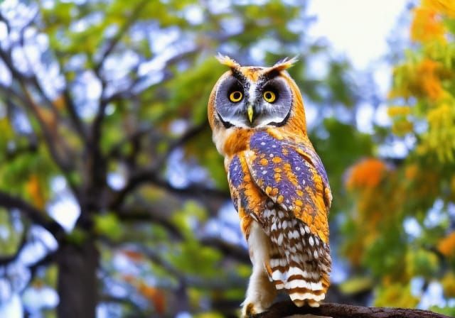 Colorful Owl Perched on Tree Limb