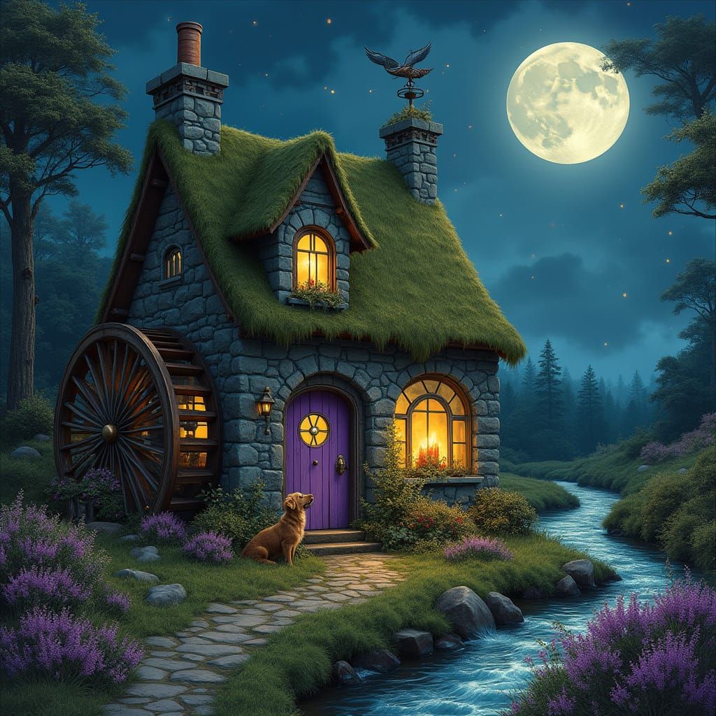Whimsical Moonlit Cottage on the Heather-Covered Moor
